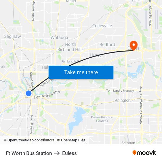 Ft Worth Bus Station to Euless map