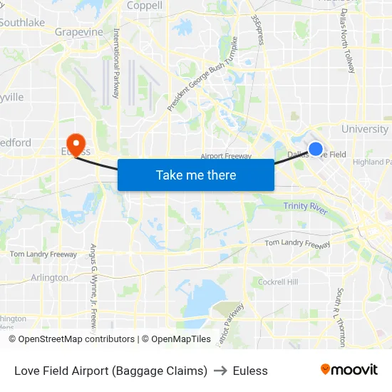 Love Field Airport (Baggage Claims) to Euless map