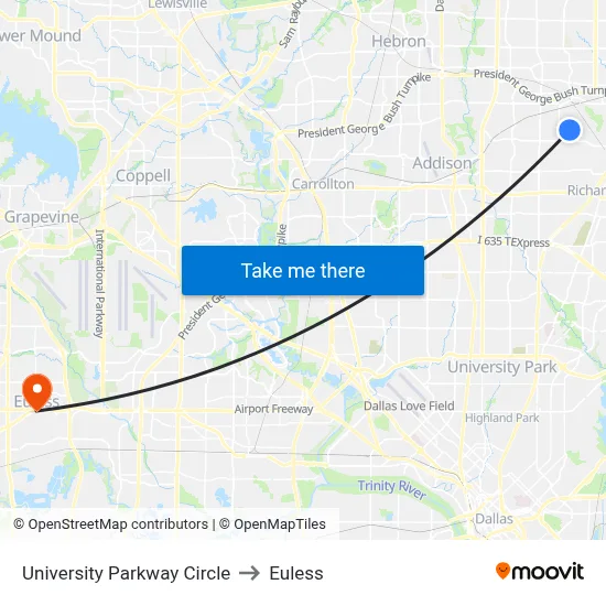 University Parkway Circle to Euless map