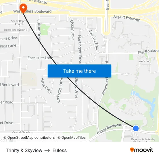 Trinity & Skyview to Euless map