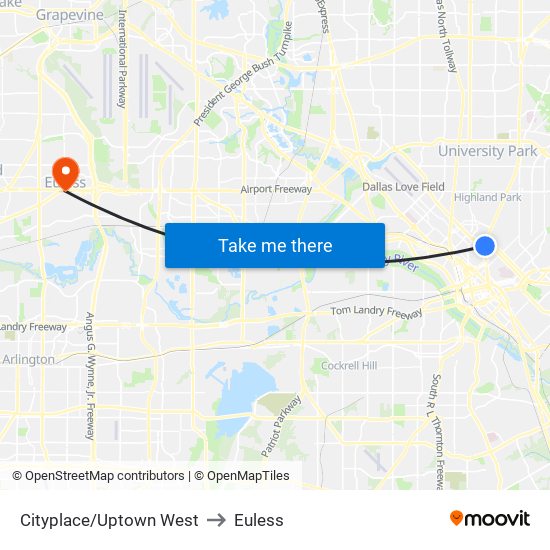 Cityplace/Uptown West to Euless map