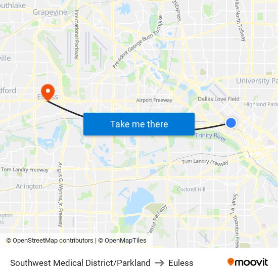 Southwest Medical District/Parkland to Euless map