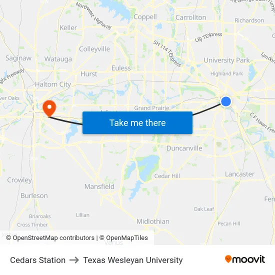 Cedars Station to Texas Wesleyan University map