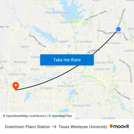 Downtown Plano Station to Texas Wesleyan University map