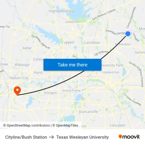 Cityline/Bush Station to Texas Wesleyan University map