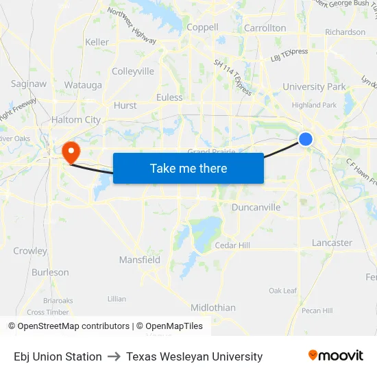 Ebj Union Station to Texas Wesleyan University map