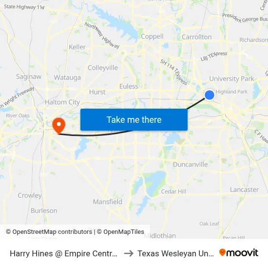 Harry Hines @ Empire Central - N - Ns to Texas Wesleyan University map