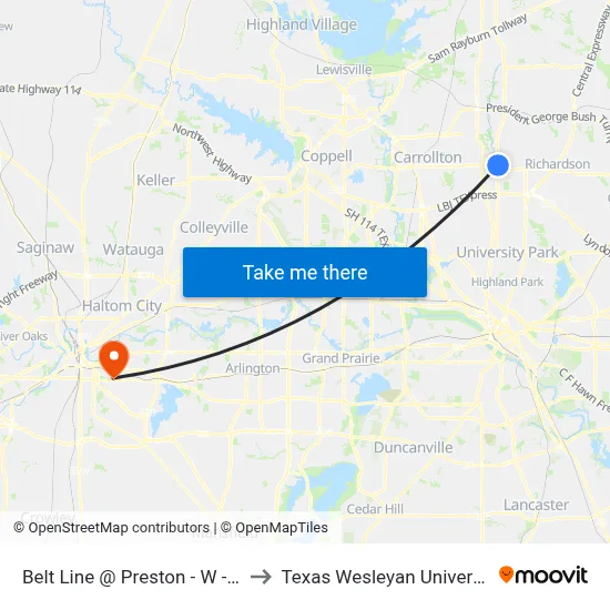 Belt Line @ Preston - W - Ns to Texas Wesleyan University map