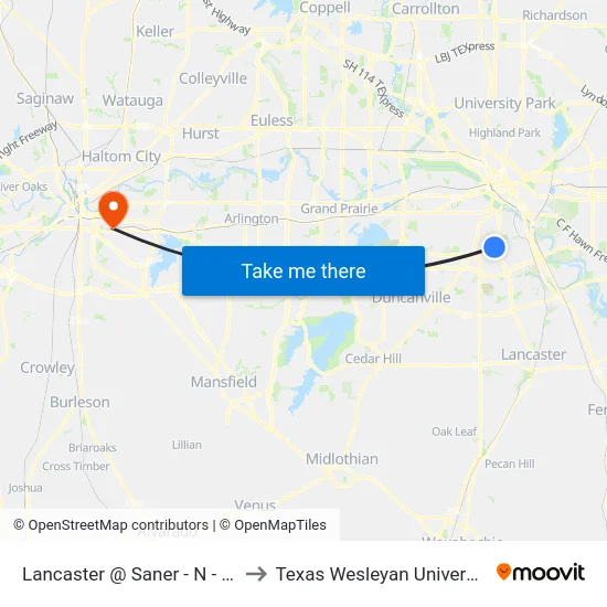 Lancaster @ Saner - N - Ns to Texas Wesleyan University map