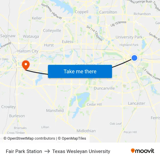 Fair Park Station to Texas Wesleyan University map