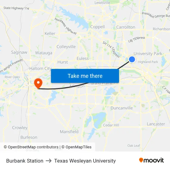 Burbank Station to Texas Wesleyan University map