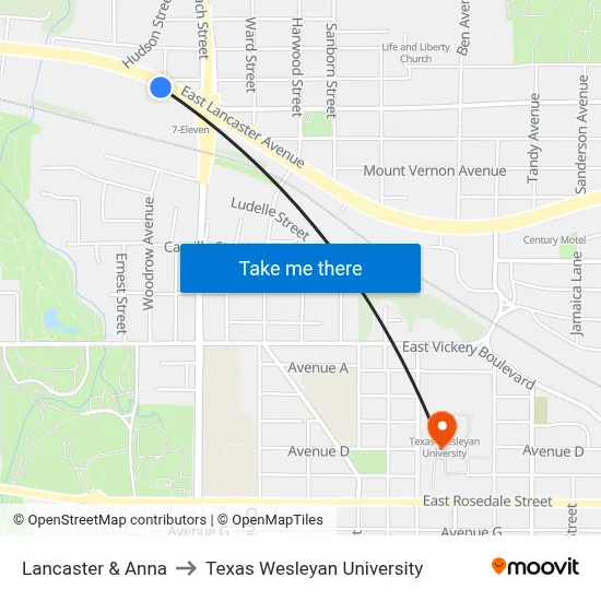 Lancaster & Anna to Texas Wesleyan University map