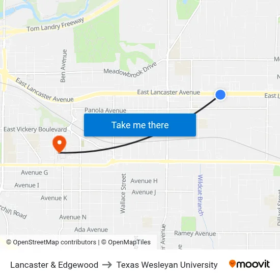 Lancaster & Edgewood to Texas Wesleyan University map