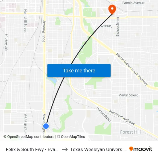 Felix & South Fwy - Evans to Texas Wesleyan University map