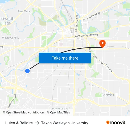 Hulen & Bellaire to Texas Wesleyan University map
