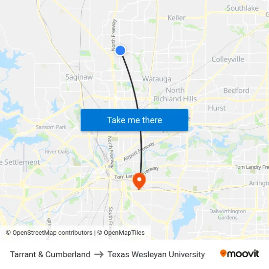 Tarrant & Cumberland to Texas Wesleyan University map
