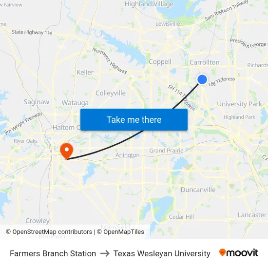 Farmers Branch Station to Texas Wesleyan University map