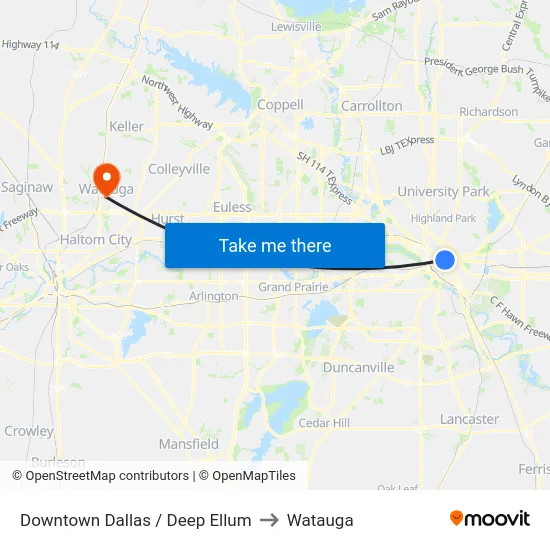 Downtown Dallas / Deep Ellum to Watauga map