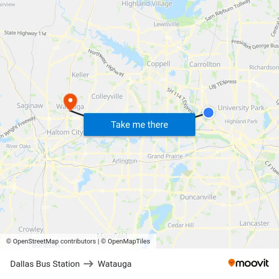 Dallas Bus Station to Watauga map
