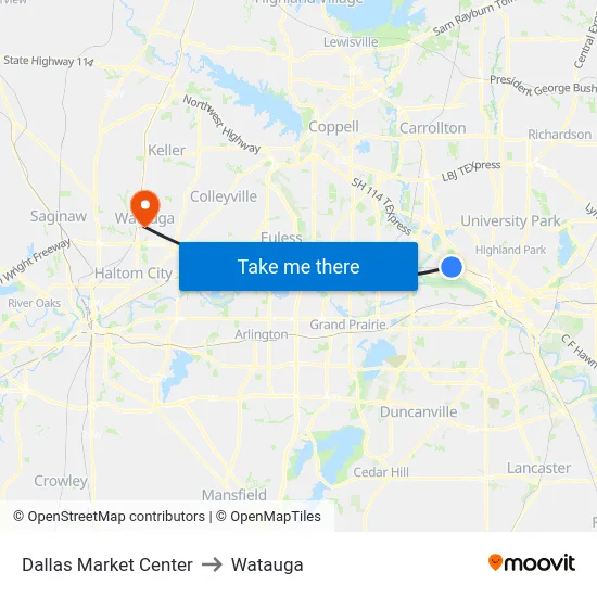 Dallas Market Center to Watauga map