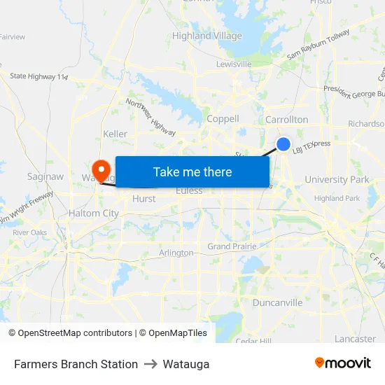 Farmers Branch Station to Watauga map