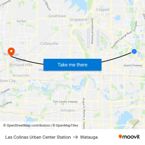 Las Colinas Urban Center Station to Watauga map