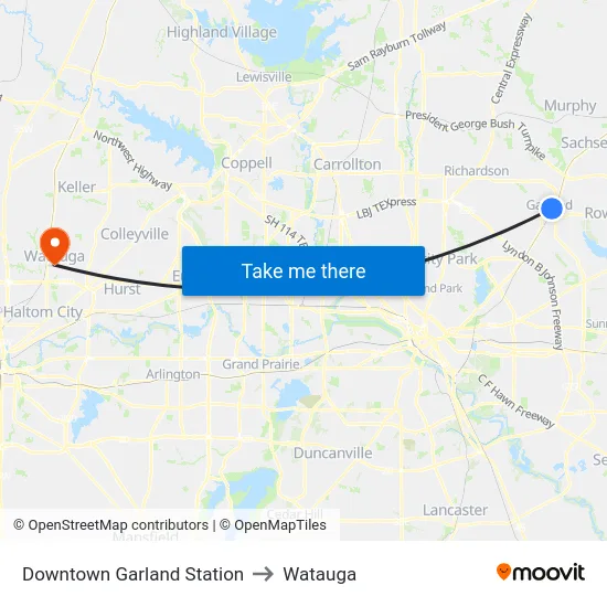 Downtown Garland Station to Watauga map