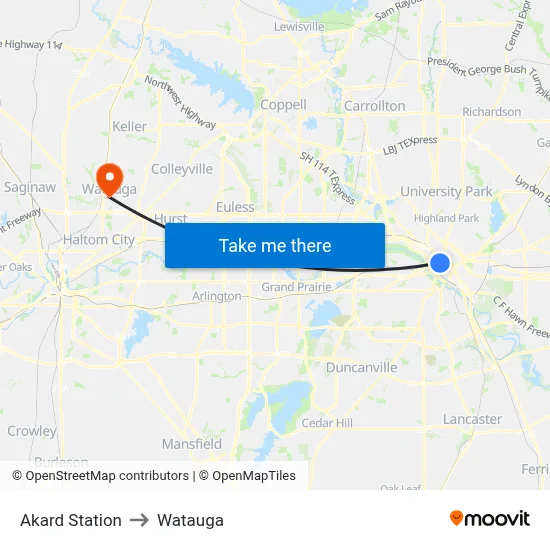 Akard Station to Watauga map