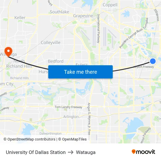 University Of Dallas Station to Watauga map