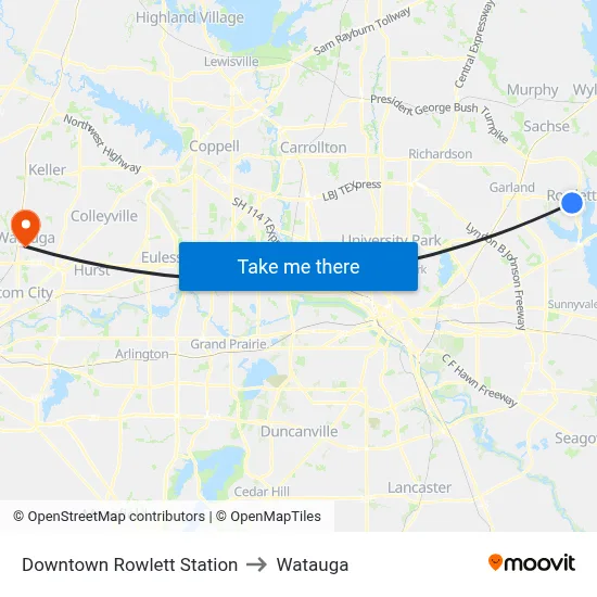 Downtown Rowlett Station to Watauga map