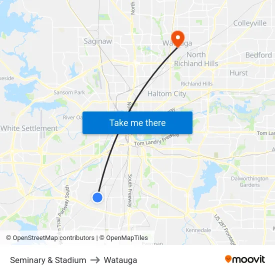 Seminary & Stadium to Watauga map
