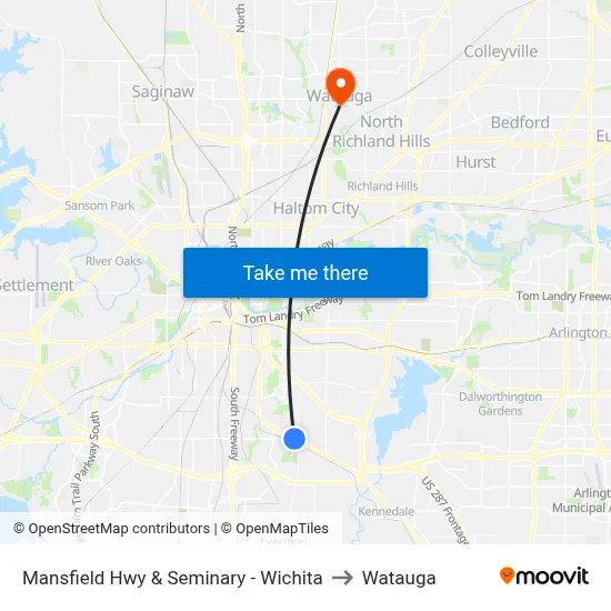 Mansfield Hwy & Seminary - Wichita to Watauga map