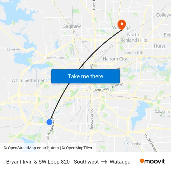 Bryant Irvin & SW Loop 820 - Southwest to Watauga map