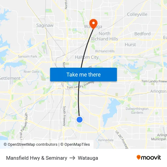 Mansfield Hwy & Seminary to Watauga map