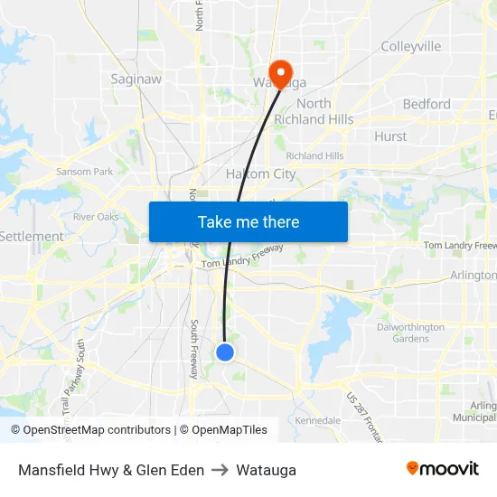 Mansfield Hwy & Glen Eden to Watauga map