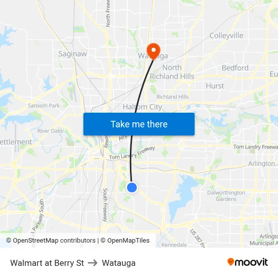 Walmart at Berry St to Watauga map