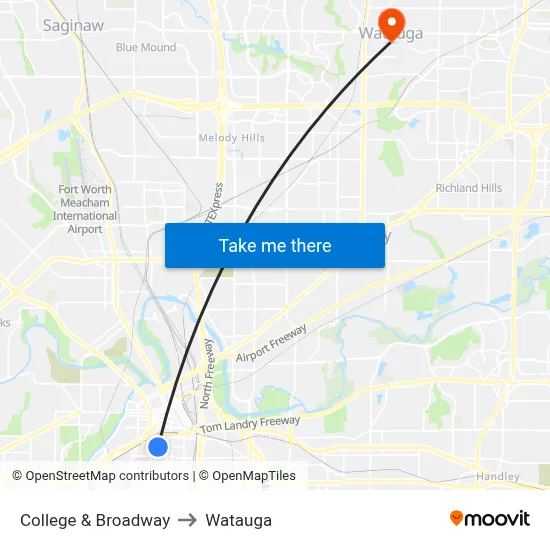 College & Broadway to Watauga map