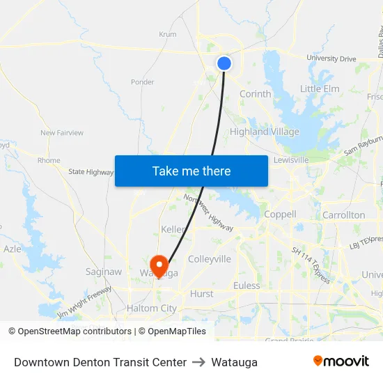 Downtown Denton Transit Center to Watauga map