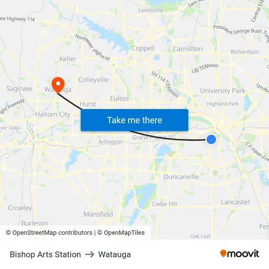 Bishop Arts Station to Watauga map