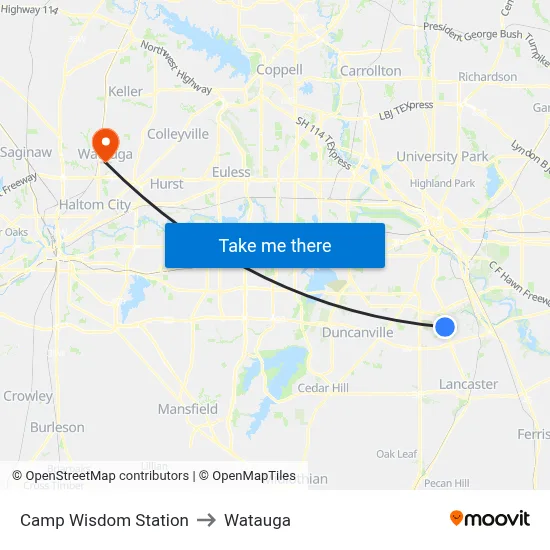 Camp Wisdom Station to Watauga map
