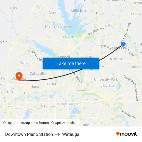 Downtown Plano Station to Watauga map