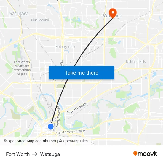 Fort Worth to Watauga map