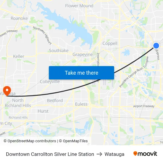 Downtown Carrollton Silver Line Station to Watauga map
