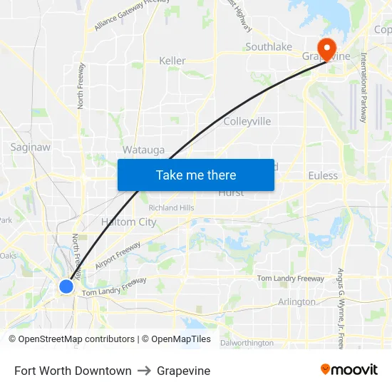 Fort Worth Downtown to Grapevine map