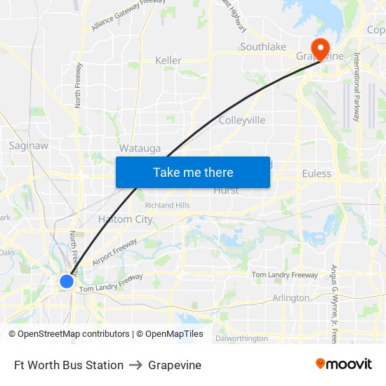 Ft Worth Bus Station to Grapevine map