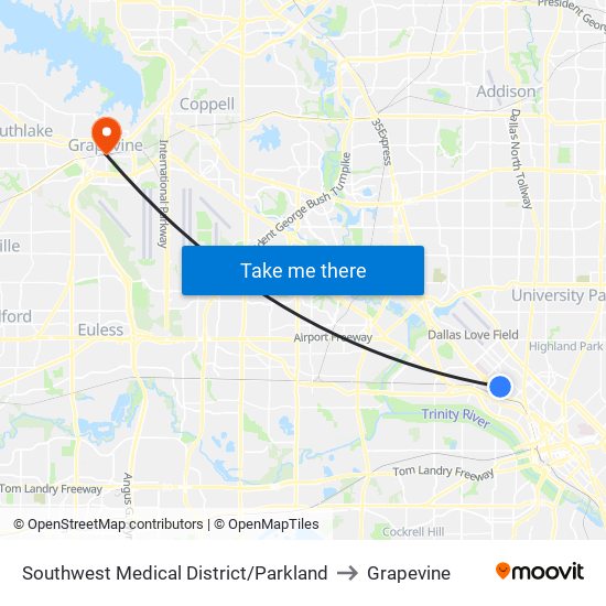 Southwest Medical District/Parkland to Grapevine map