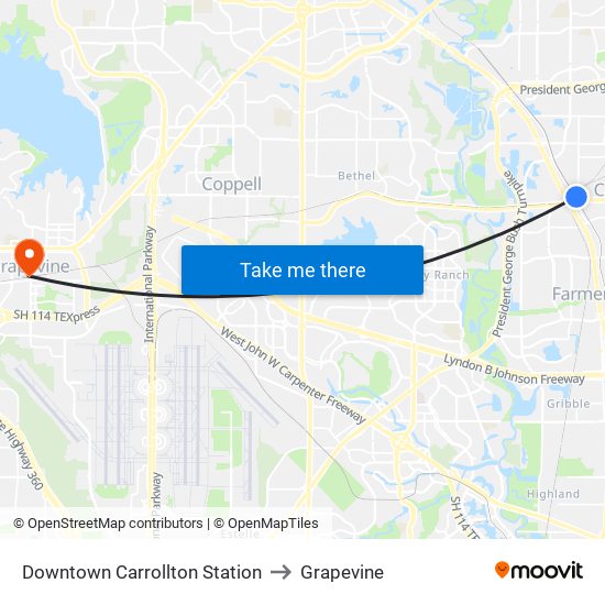 Downtown Carrollton Station to Grapevine map