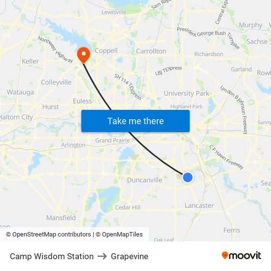 Camp Wisdom Station to Grapevine map