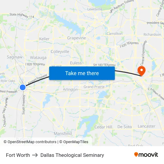 Fort Worth to Dallas Theological Seminary map