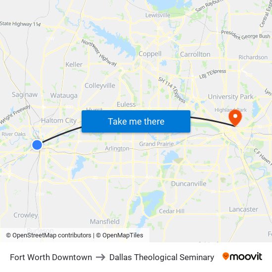 Fort Worth Downtown to Dallas Theological Seminary map